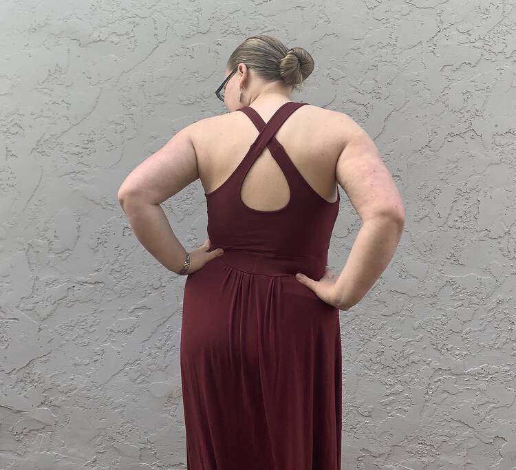 Image shows the back of my double brushed poly Brazi maxi dress with the crisscrossing straps.
