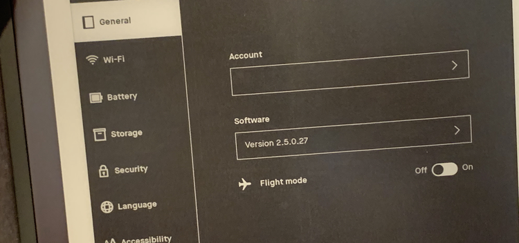 Image shows the General settings featuring the reMarkable's account (hidden here), software version, and switch to turn flight mode on or off.