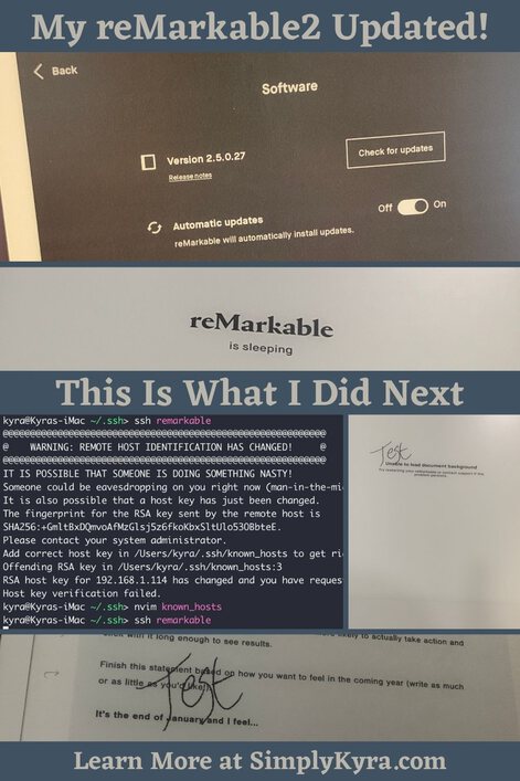 Pinterest-geared image showing that "My reMarkable2 Updated / This is what I Did Next" and my main URL to learn more. The images show the reMarkable section to check for updates, the default sleep screen, the terminal, and my test page showing no template and a working template.