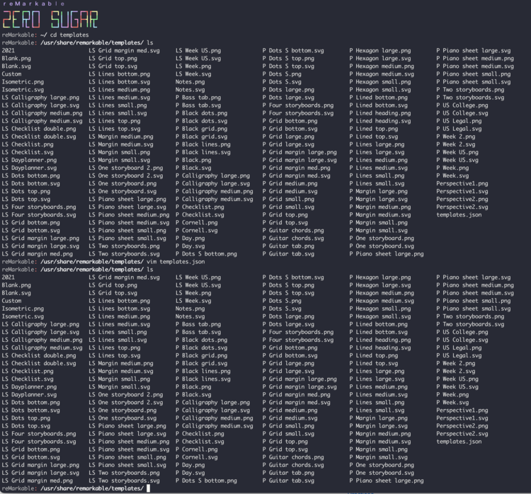 This is a screenshot showing the terminal for my reMarkable2 templates directory and how I navigated in it.