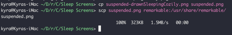 Image shows the terminal output when copying the sleep screen image to my reMarkable.