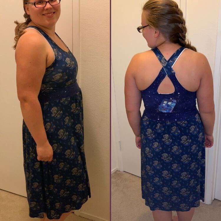 Image is a side by side collage of two photos. The left shows the side view of the finished knee length dress while the right side shows the back of the dress. It's separated by a line of purple.