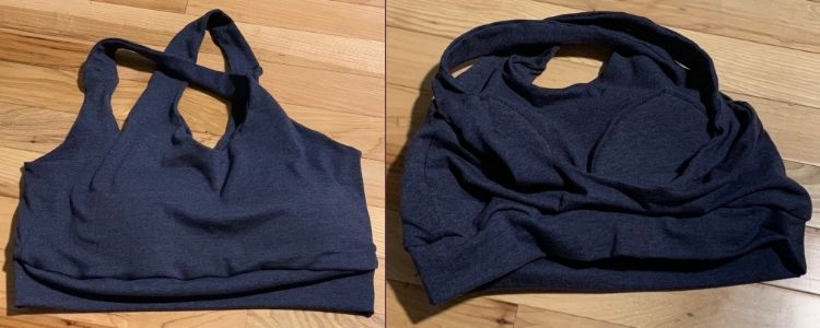Image shows a collage of two photos. On the left is the front of a blue brazi while on the right photo the back of the bra is shown so you can see where the bra cups were sewn on.