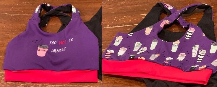 Image is a collage of two photos side by side showing a purple bra with takeout cups over it. The front says "Too hot to handle", the bottom