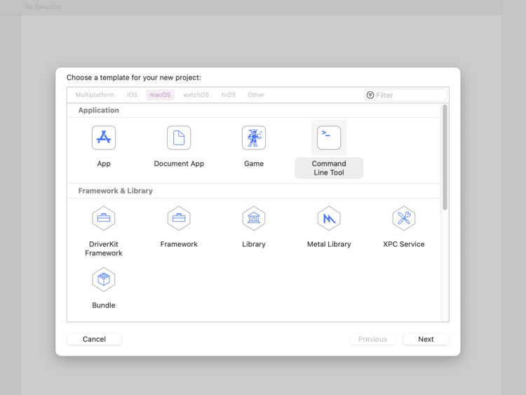 Image shows the popup where you choose what template you want to use for your new macOS project within the Xcode IDE.