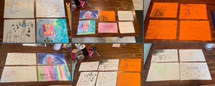 Image is composed of a grid of six photos. They are three across and two down. The outer ones shows four squares of fabric making a pouch. The two inner center ones shows six mismatched shaped rectangles showing what Ada (top) and Zoey (bottom) colored.