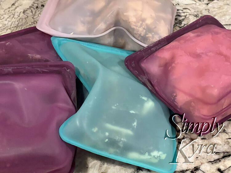 Image shows five filled Stasher gags on the kitchen counter.