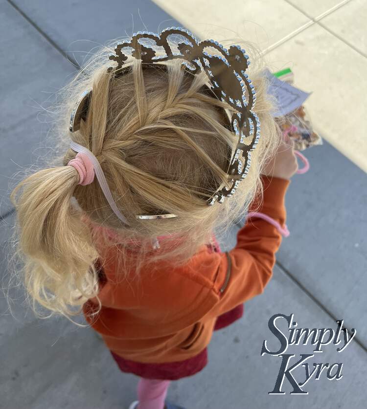 Image is taken from above looking at the french braid pony that is holding the crown in place on