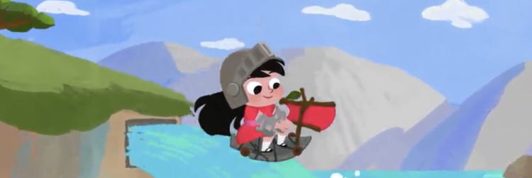 Image shows Princess Skateboarder windsurfing down a waterfall and across water standing on her boat made, originally, from a knight's shield.