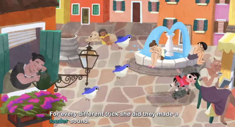 Image shows Princess Skateboarder doing a trick with three matching birds flying behind her. There are people sleeping all around her including one while watering her plants, one reading and drinking tea, one sleeping on a sleeping dog, and two sitting around a fountain. 