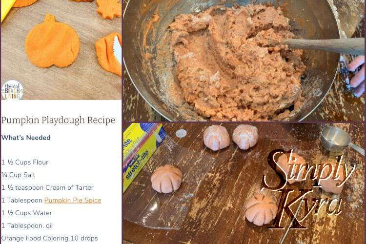 Image is a collage of three photos including a screenshot of the recipe I referred to, and image of the playdough being mixed together in a large metal bowl, and the pumpkin playdough shaped into pumpkins before being wrapped up.