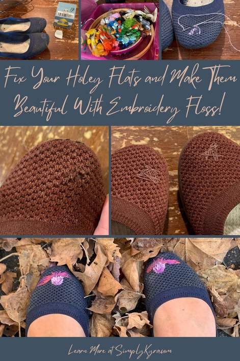 Pinterest-geared image showing, from top to bottom, a collage of three images, the title of this post, a before and after photo of my brown flats, a final photo of my blue flats, and my main URL.