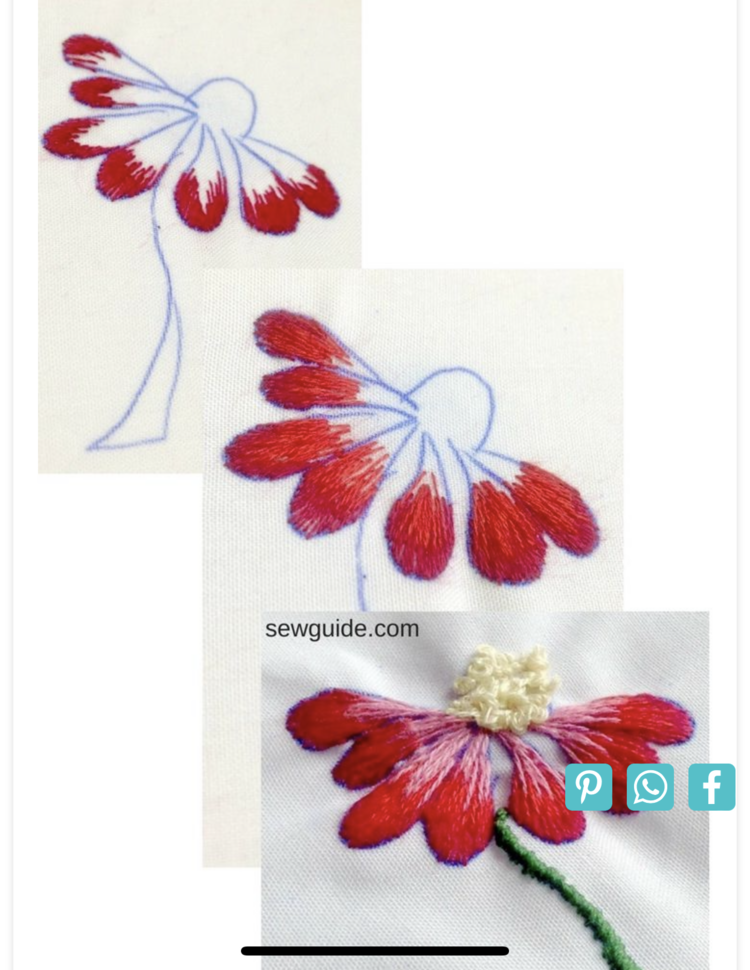 Image shows three overlapping images. The top right one shows the flower drawing with the tips embroidered with staggered dark pink lines. The middle is a closeup of the flower with red stitches added. The last image shows the finished flower with three colors used for each petal, yellow center, and green stem.