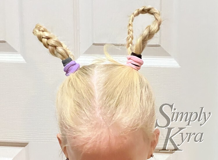 Image is taken from the front showing the two looped braids sprouting out from two pigtails. One has a grey ponytail mostly hidden within a pastel purple one while the other one is black inside a pastel pink ponytail tie.
