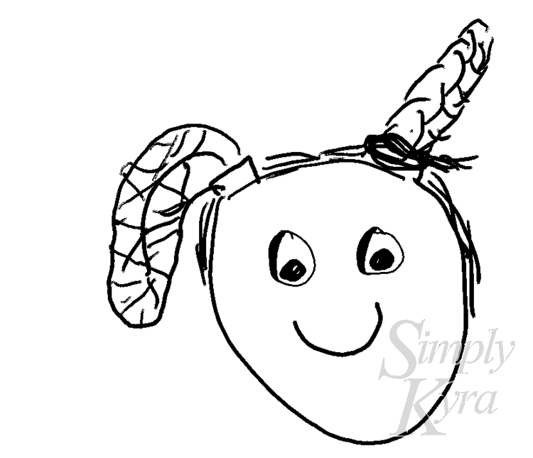Sketch sewing a circle-ish head with wide eyeballs and a smiling mouth. The one pigtail has a braid going straight up and then back down while the other one is folded over while still being two layers thick.