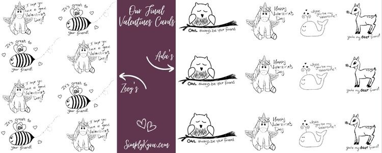 Another collage consisting of Zoey's portrait page on the left and Ada's landscape one on the right. The space between the two images are off center and show which side is which, the title "Our Final Valentines Cards", two hearts, and my main URL SimplyKyra. 