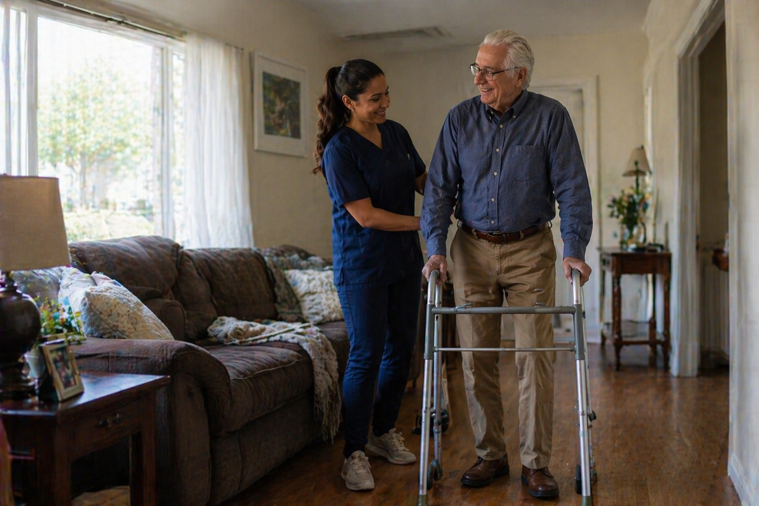 LiveWell Caregiver helping an older adult walk safely at home.