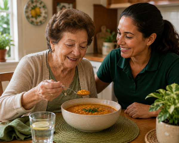 Senior-friendly sweet potato and lentil soup served at home.