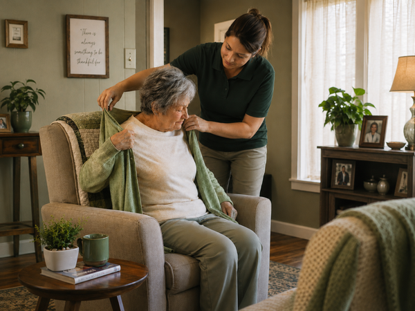LiveWell Caregiver helping an older adult with personal care assistance at home.