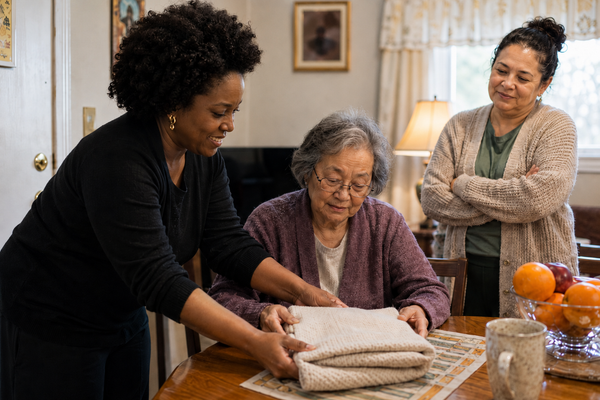 Family caregiver resting while a LiveWell caregiver supports an elderly loved one at home.