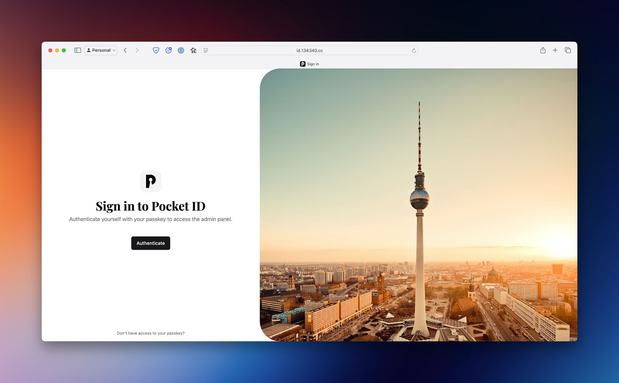 Screenshot of Safari window showing minimalistic Pocket ID website