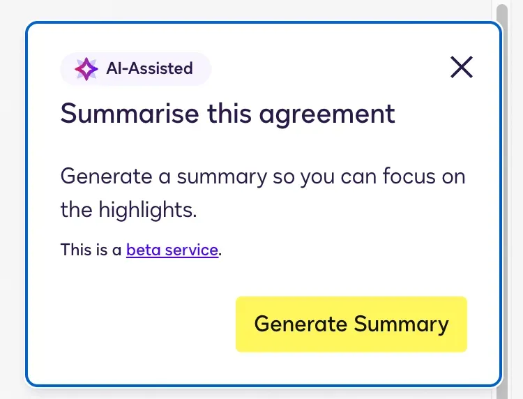 The Docusign modal suggesting to generate a summary of the agreement!