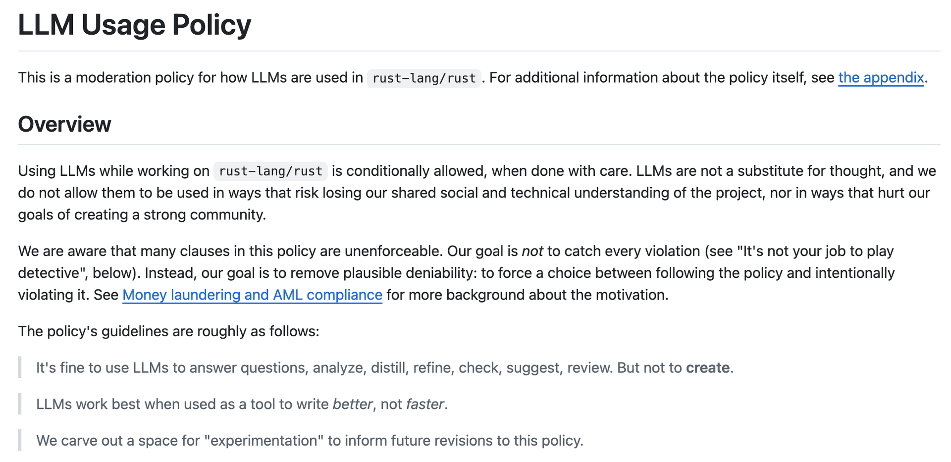 Exerpt from the Rust LLM Usage Policy as it's linked above.