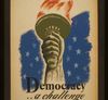 Image of hand holding a torch, with "Democracy...a challenge" printed below.