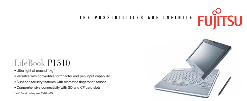 The Fujitsu LIfeBook P1510 was an 8.9" laptop with a screen that spun around and folded flat for use as a tablet. It came in a matte silver finish with black bezels around the screen.  The keyboard featured a ThinkPad-style pointer and the resistive screen worked with a stylus.