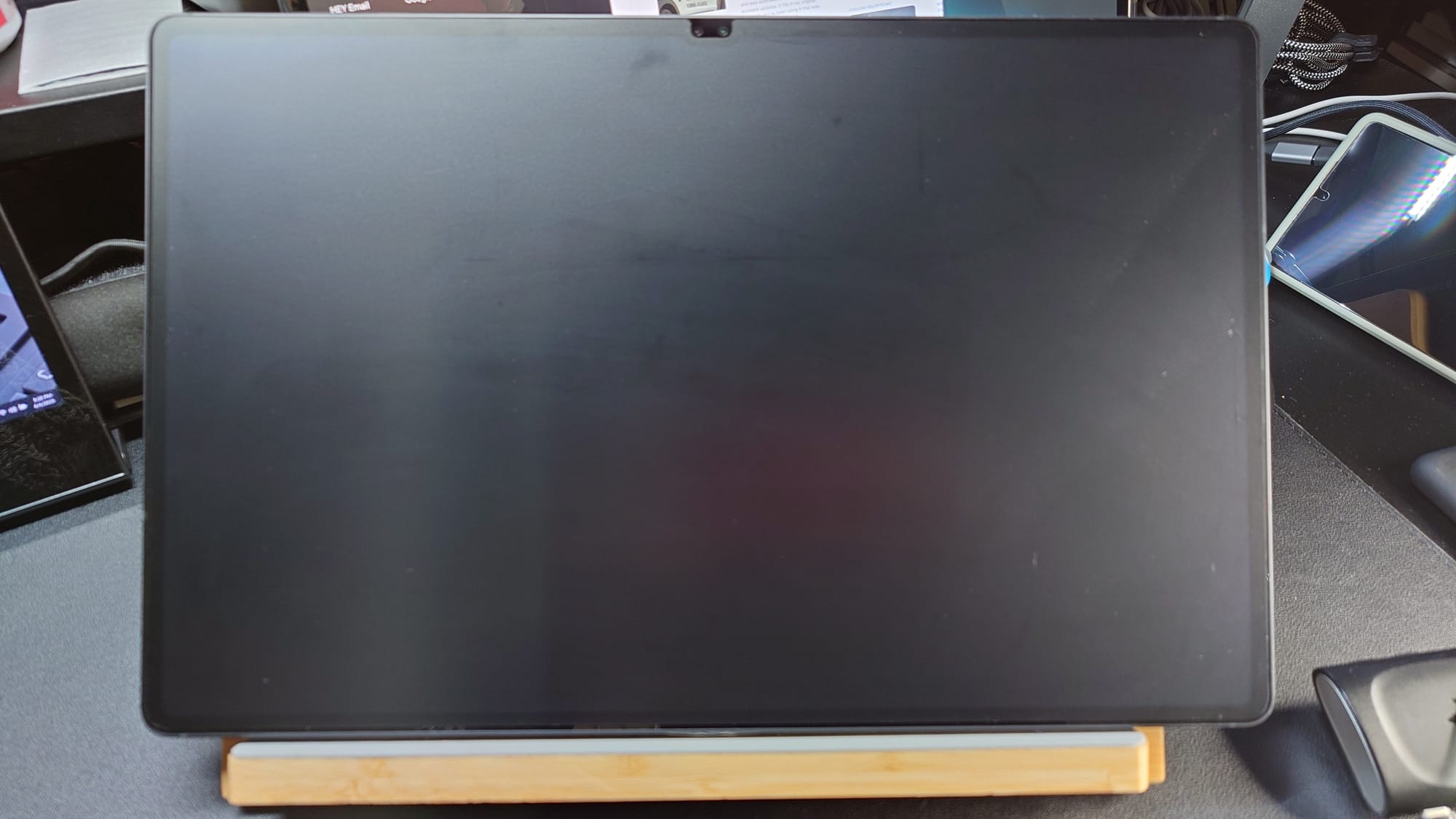 Galaxy Tab S9 Ultra on the stand.  It is so wide you can no longer see the stand except at the bottom.