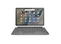 A photo of the HP Chromebook Duet 3, an 11" 2-in-1.  The screen is showing a grid of applications.