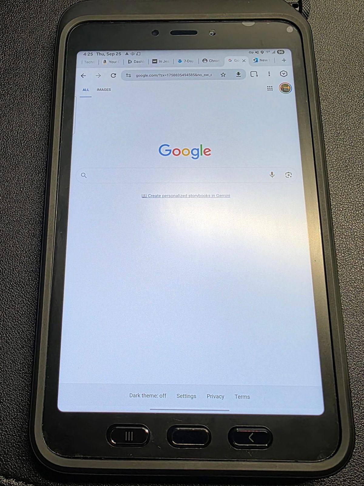 My Samsung Galaxy Tab Active5 5G, showing a Google search page in the Lemur browser