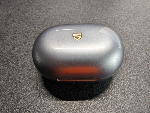 The SoundPeats Clip 1 closed in their shiny gray case with the stylized S logo on the top