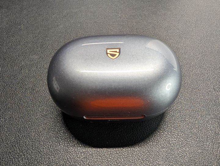 The SoundPeats Clip 1 closed in their shiny gray case with the stylized S logo on the top