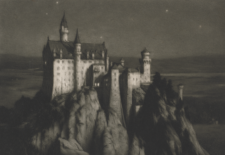 Mezzotint engraving of a castle with stars in the night sky. https://archive.org/details/clevelandart-1979.96-castle-neuschwanstei