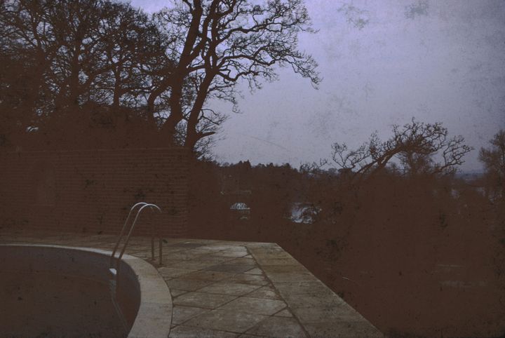 underexposed photo of a pool with a ladder coming out and trees 