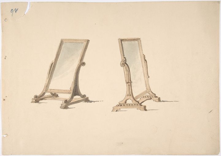 drawing of two ornamental mirrors, facing away from one another