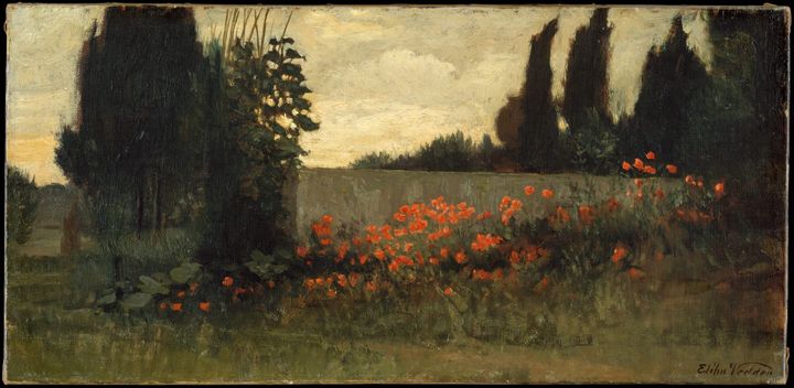 painting of trees and poppies