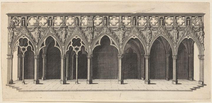 engraving of a gothic choir screen