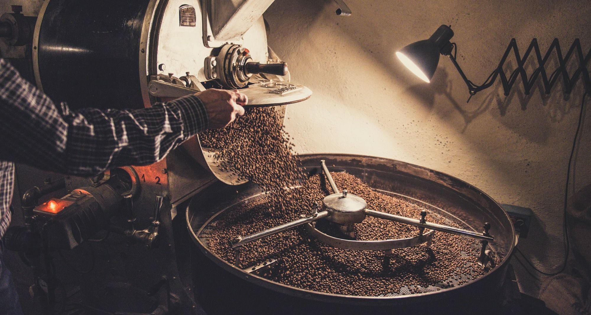 person pouring coffee beans on a machine