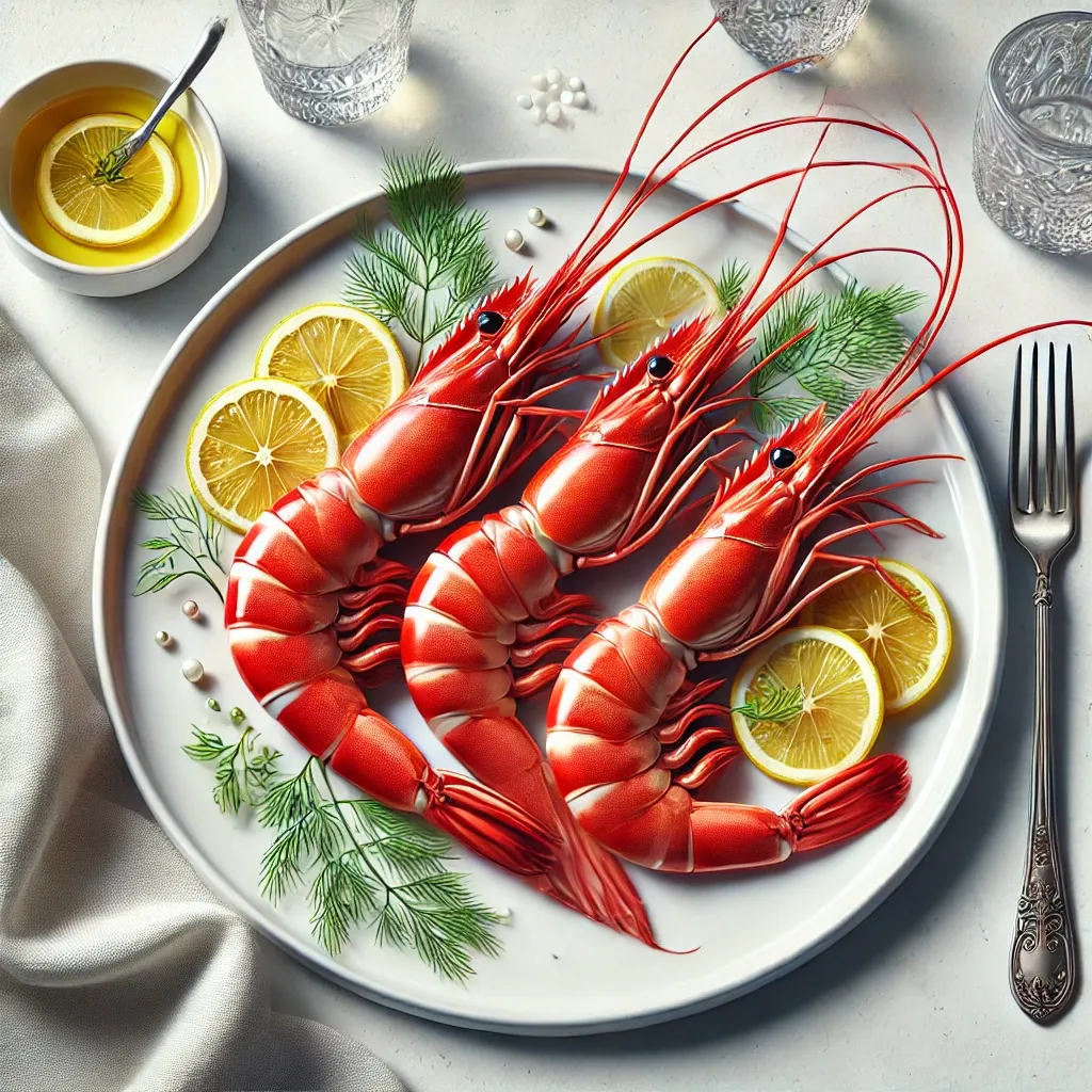Scarlet Shrimp serve on white plates