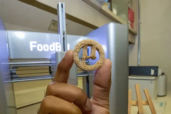 A hand holding a 3D printed cookie featuring a μ symbol