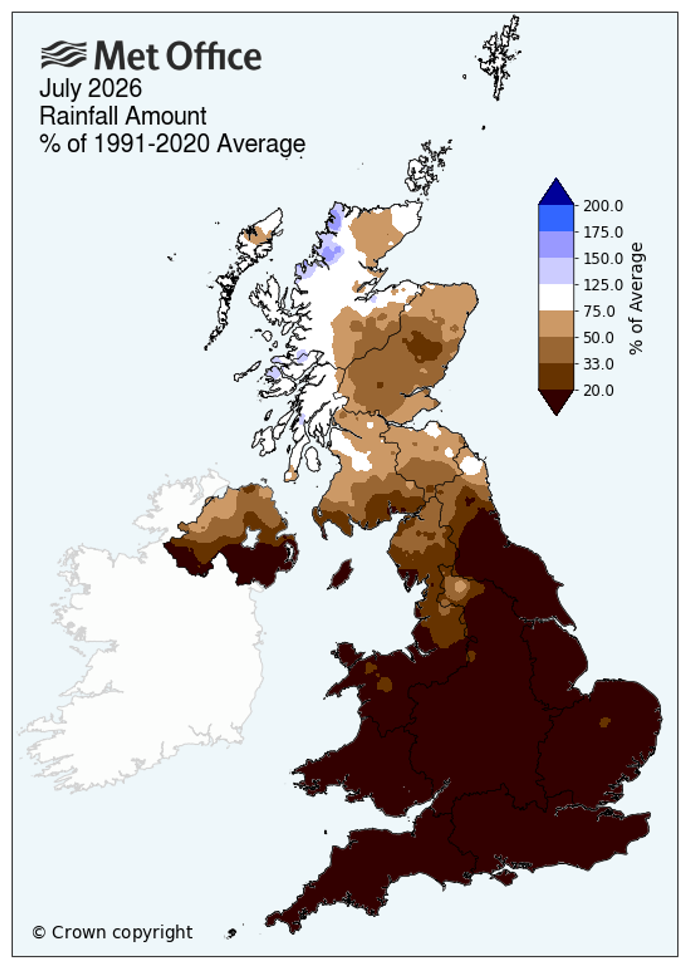 A map of the UK showing historic low levels of rainfall for July 2026.