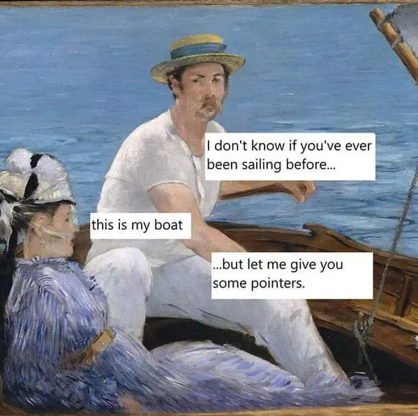 A man on a boat tries to explain sailing to a woman who owns the boat.