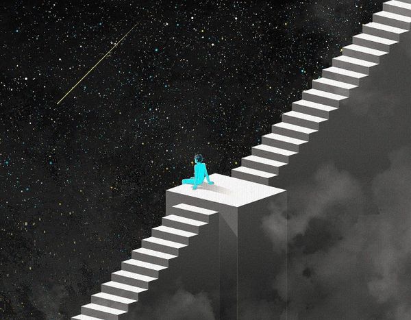 Image of person sitting on stairs looking out at stars. Source: https://pixabay.com/users/cdd20-1193381/