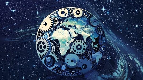 A picture of the Earth that is embedded with cogs and wheels.