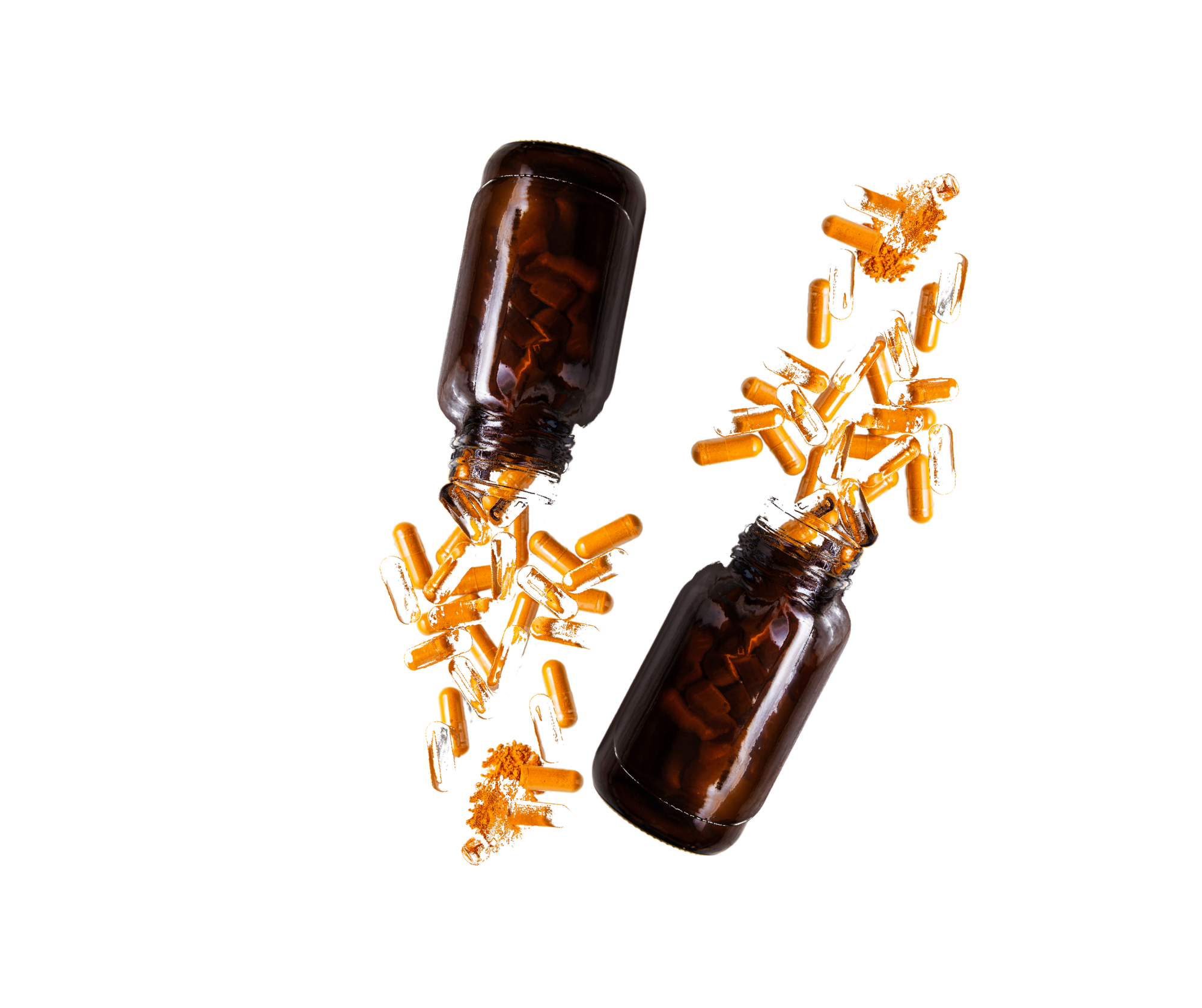 Two jars suspended in the air with orange capsules flying out of them.