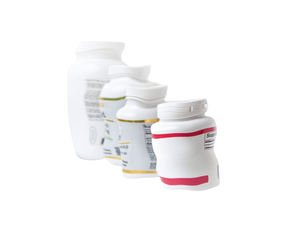 White opaque supplement bottles with pink and yellow designs distorted on a white background.