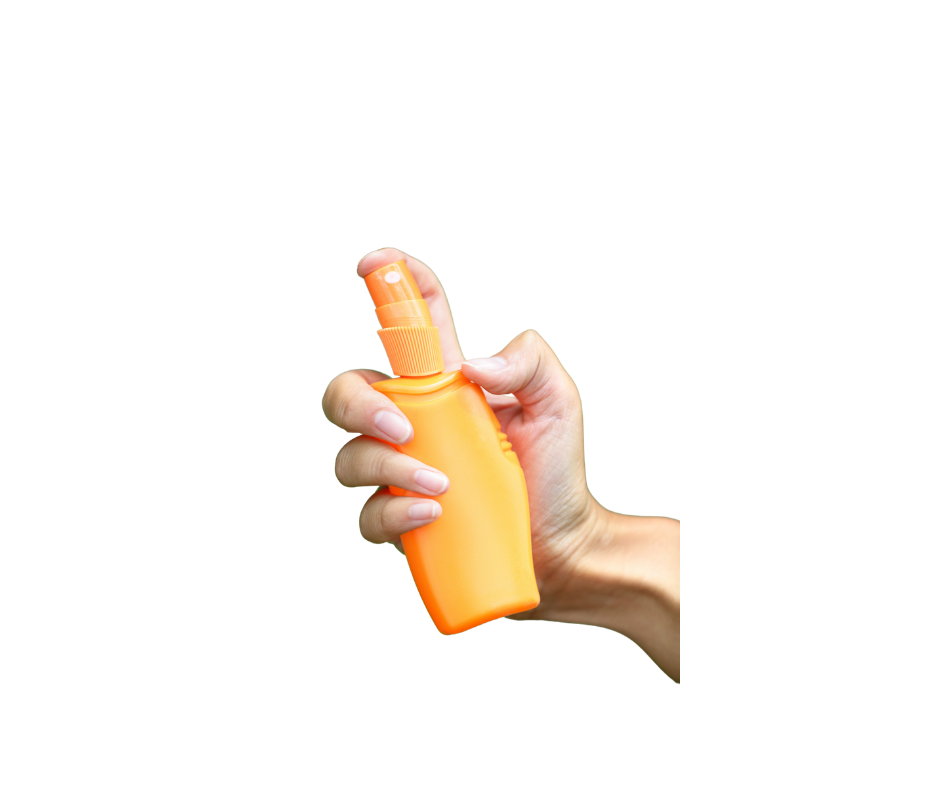 Distorted white hand holding orange unlabeled spray bottle on a white background.