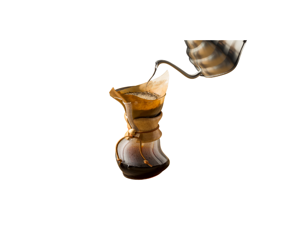 A distorted Chemex coffee carafe with coffee in it with a tin kettle pouring water into it.